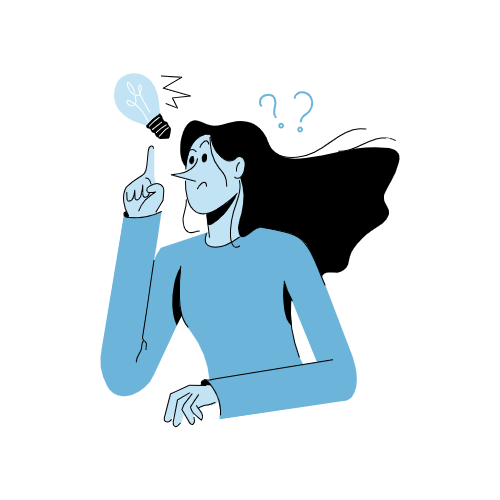 Person with a light bulb and question marks above their head, indicating brainstorming or thinking